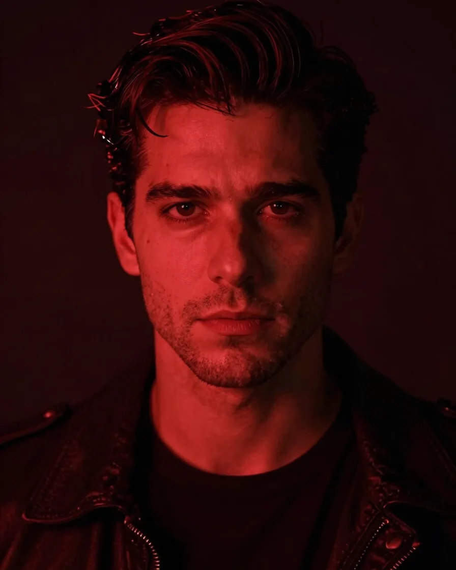 Dramatic close-up portrait of Lucifer Cruz under low-key crimson studio lighting, rich rim highlights, nocturnal dark mo