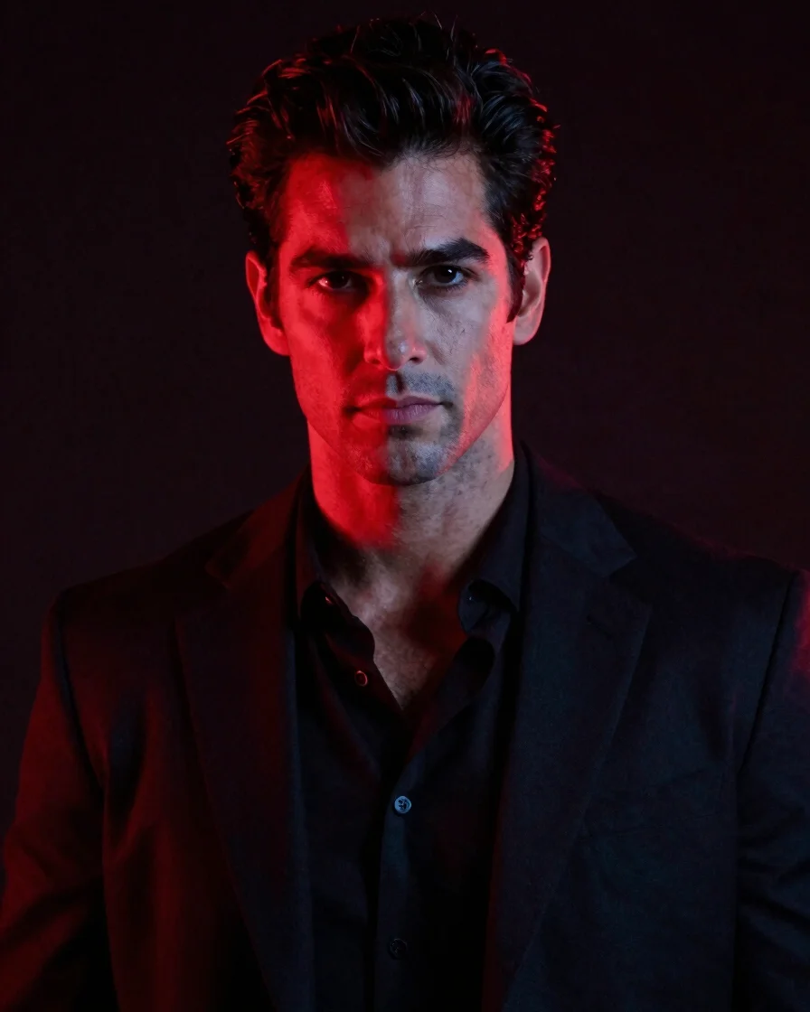Dramatic medium shot cinematic portrait of Lucifer Cruz, low-key neon crimson rim lighting, deep dark background, 35mm l