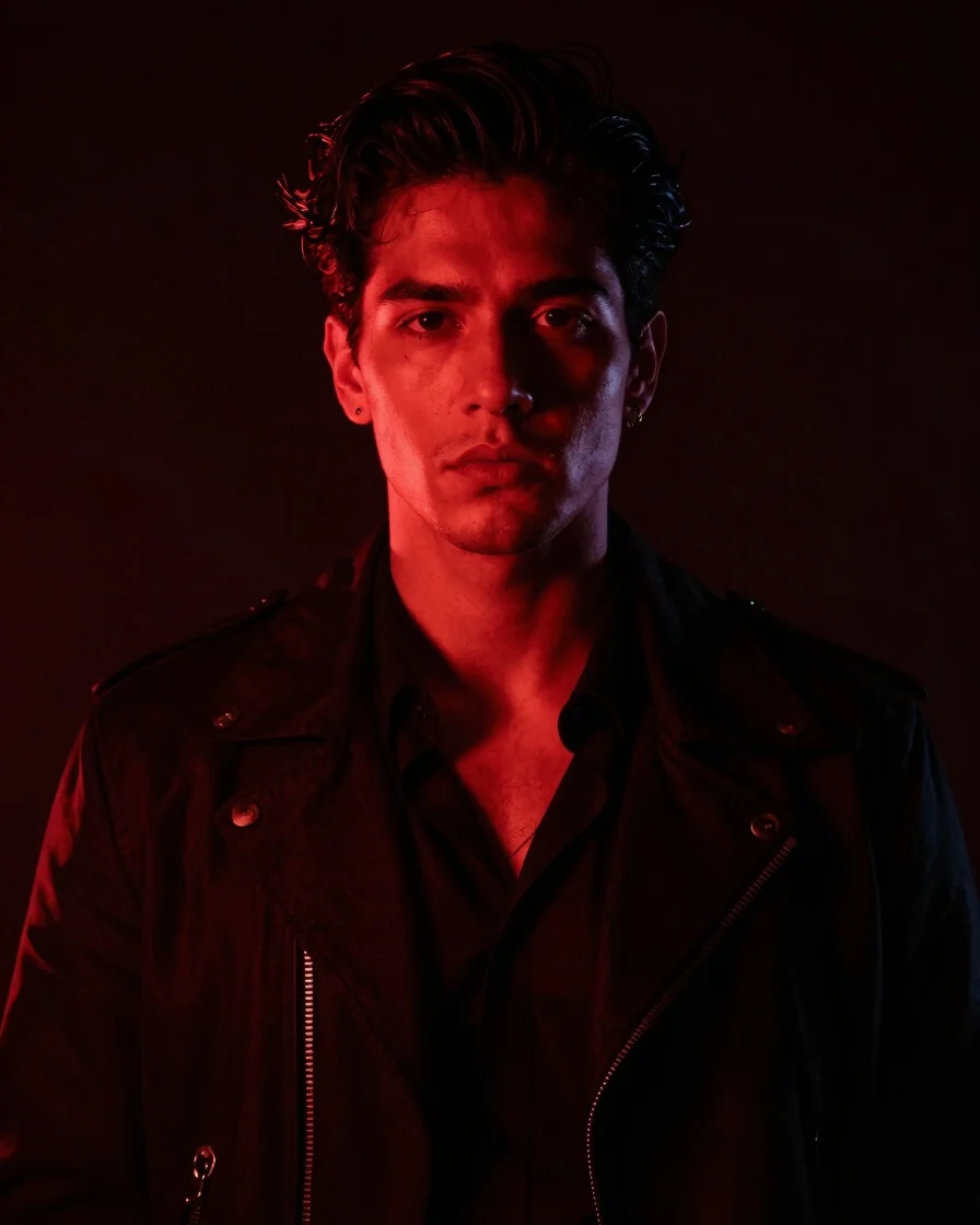 Atmospheric moody performer portrait of Lucifer Cruz in low-key crimson lighting, dramatic backlit neon accents, 35mm ci